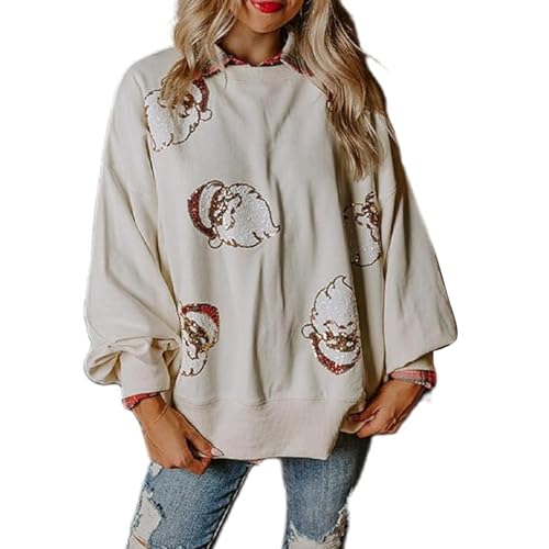 SHINROAD Damen-Sweatshirt mit lustigem Aufdruck, Weihnachtsgrafik, Rundhalsausschnitt, Pailletten, Weihnachtsmann-Muster, lockere Lange Laternenärmel, Pullover, warm halten, Neujahrsparty Weiß XXL von SHINROAD