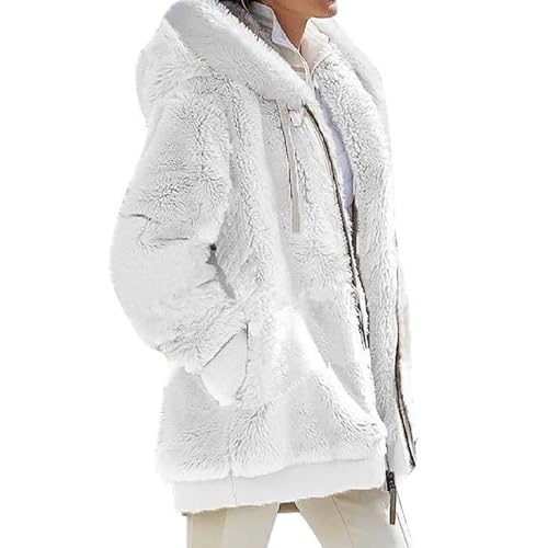 SHINROAD Damen-Winddichte Jacke, Damen-Cardigan-Jacke, Damen-Winter-Plüsch-Kapuzen-Kordelzug-Reißverschluss-Mantel, Winddichte, verdickte Jacke mit Seitentaschen Weiß XXL von SHINROAD