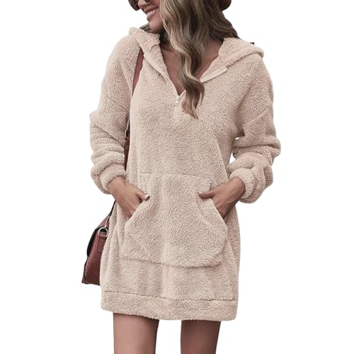 SHINROAD Doppelseitiges Samt-Hoodie-Kleid mit lockerer Passform, Damen-Hoodie-Kleid mit großer Tasche, Dicker Plüsch, einfarbig, lockeres Minikleid, lässiges mittellanges Oberteil Khaki XL SHINROAD Doppelseitiges Samt-Hoodie-Kleid mit lockerer Passform, Damen-Hoodie-Kleid mit großer Tasche, Dicker Plüsch, einfarbig, lockeres Minikleid, lässiges mittellanges Oberteil Khaki XL von SHINROAD