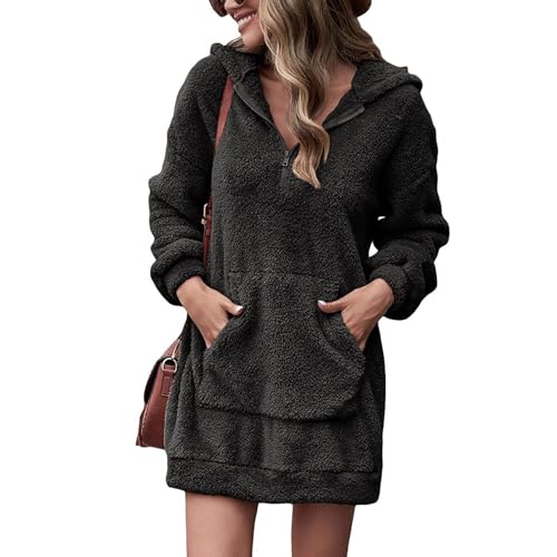 SHINROAD Doppelseitiges Samt-Hoodie-Kleid mit lockerer Passform, Damen-Hoodie-Kleid mit großer Tasche, Dicker Plüsch, einfarbig, lockeres Minikleid, lässiges mittellanges Oberteil Schwarz 3XL von SHINROAD