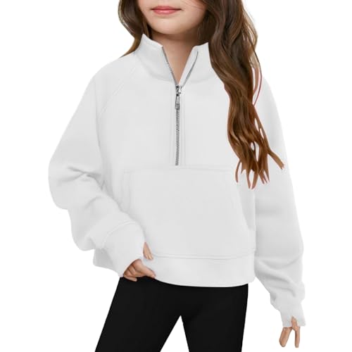 SHINROAD Einfarbiges Kinder-Sweatshirt mit Stehkragen, halber Reißverschluss, lange Ärmel, große Vordertasche, elastische Bündchen, weiß, 120 cm von SHINROAD