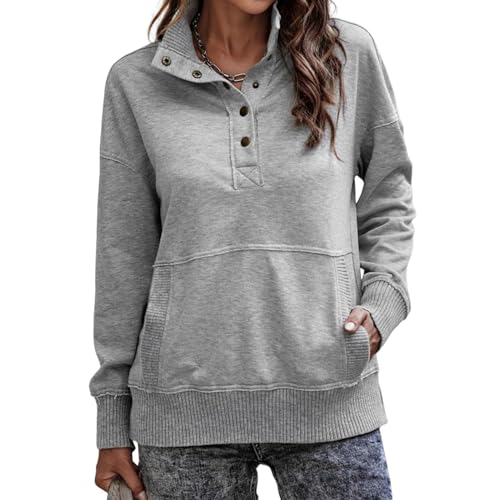 SHINROAD Einfarbiges Stehkragen-Sweatshirt für Damen, Herbst, Frühling, halboffen, stehend, lockerer Pullover mit großer Tasche, elastische Bündchen, Ol Pendeln, Grau, Größe XL von SHINROAD