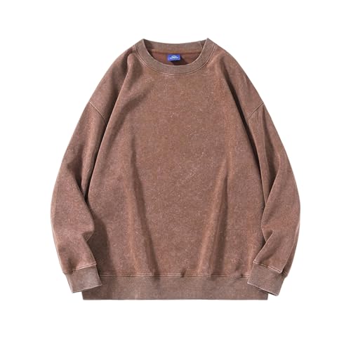 SHINROAD Frühling Herbst Base Layer Top Unisex Frühling Herbst Top Distressed Design Baumwolle O-Ausschnitt einfarbig mit elastischen Bündchen am Saum Lose Pullover Sweatshirt Kaffee M von SHINROAD