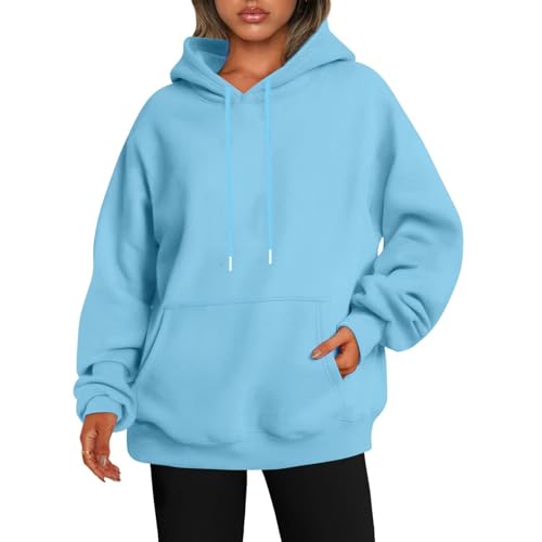 SHINROAD Frühling Herbst Winter Hoodie Damen Herbst Dicke Kapuze Lange Ärmel mit großer Tasche Übergröße Mittellang Einfarbig Lose elastische Bündchen Kordelzug Sport Hellblau XXL von SHINROAD