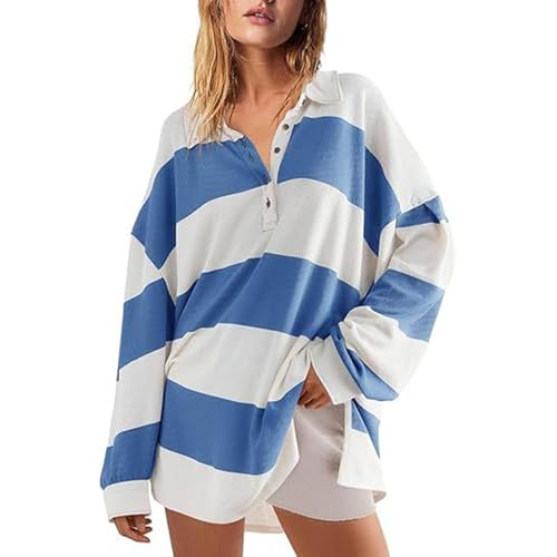 SHINROAD Frühling Sweatshirt Frauen Übergroßen Colorblock Gestreiften drehen-unten Kragen Lange Ärmel Knöpfe Lose Pullover Top Casual Homewear Sport Hellblau XXL von SHINROAD