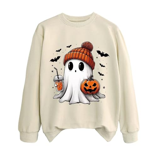 SHINROAD Geister-Sweatshirt, niedliches Halloween-Sweatshirt, Damen, Halloween-Sweatshirt, Kürbis, Fledermaus, Geisterdruck, Rundhalsausschnitt, lange Ärmel, Pullover, Oberteil, Elfenbein, S von SHINROAD