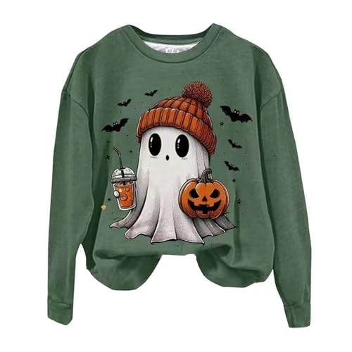 SHINROAD Geister-Sweatshirt, niedliches Halloween-Sweatshirt, Damen, Halloween-Sweatshirt, Kürbis, Fledermaus, Geisterdruck, Rundhalsausschnitt, lange Ärmel, Pullover, Oberteil, Grün, Größe M von SHINROAD