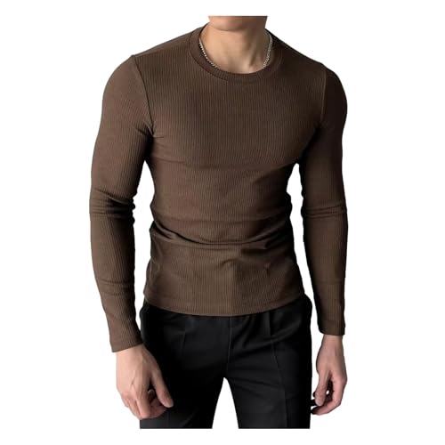 SHINROAD Geripptes Slim-Fit-Sweatshirt für Herren, Winter-Basisschicht-Oberteil, schmal geschnittenes, langärmliges, Geripptes Pullover-Oberteil für den Winter Kaffee L von SHINROAD