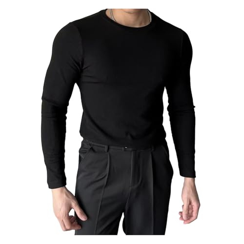 SHINROAD Geripptes Slim-Fit-Sweatshirt für Herren, Winter-Basisschicht-Oberteil, schmal geschnittenes, langärmliges, Geripptes Pullover-Oberteil für den Winter Schwarz 3XL von SHINROAD