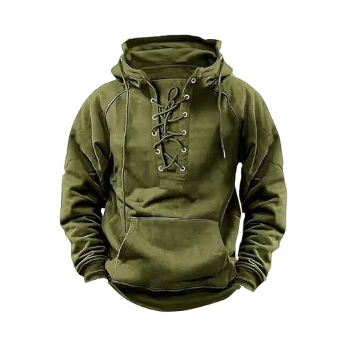 SHINROAD Herren-Kapuzenpullover, zum Schnüren, Retro-Stil, mit elastischer Manschette, aufgesetzter Tasche, Winter, warm, Armeegrün, Größe M von SHINROAD