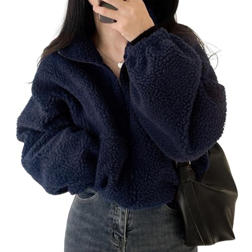 SHINROAD Lässige Damen-Oberbekleidung, Winter-Fleece, Stehkragen, Reißverschluss, einfarbig, lang, Marineblau, Größe L von SHINROAD