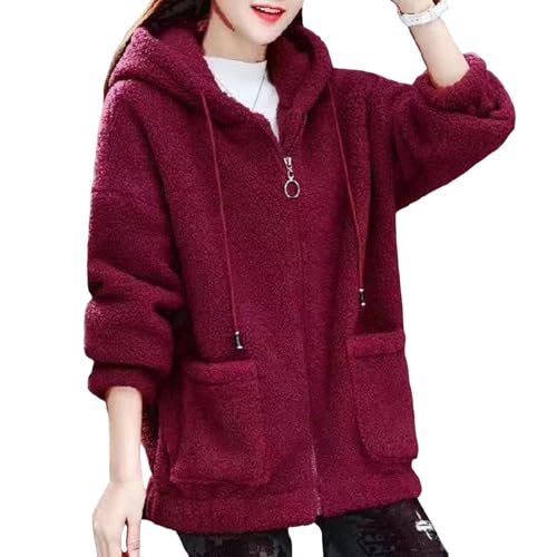 SHINROAD Lässige Strickjacke für Damen, Hoodie mit Reißverschluss, dicker Fleece, Kordelzug, Kapuzenoberbekleidung, Verschluss, Weinrot, Größe L von SHINROAD