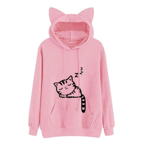 SHINROAD Lässiger Katzen-Hoodie für Damen, Katzenohren-Hoodie für Damen, Herbst/Winter, Katzenohren-Kapuzenpullover mit großer Tasche, Kitty-Druck, lässiges, locker sitzendes Pullover-Oberteil Rosa L von SHINROAD