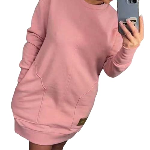 SHINROAD Leichter Kapuzenpullover für Damen, einfarbig, Sweatshirt-Kleid mit zwei Taschen, Rundhalsausschnitt, lange Ärmel, lockere Passform, Mini für den täglichen Gebrauch, Rosa, Größe 3XL von SHINROAD