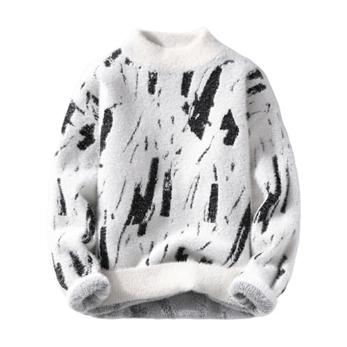 SHINROAD Männer Dickes Top Lose Fit Pullover Winter Kontrast Farbe Graffiti Plüsch Halbhoher Kragen Elastische Stricken Lange Ärmel Täglich tragen Schule Weiß XXL von SHINROAD