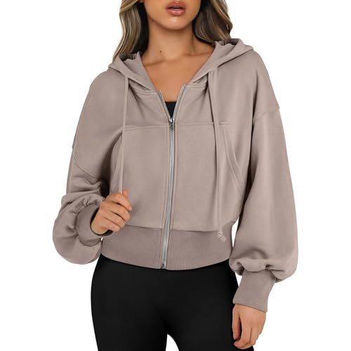 SHINROAD Mantel mit durchgehendem Reißverschluss für Damen, Kapuzenpullover Herbst und Winter, Kurze Kapuze, Lange Ärmel Tasche, Reißverschluss, Plüsch gefüttert, einfarbig, lockere Passform, Khaki L von SHINROAD