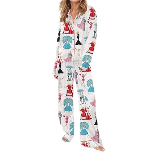 SHINROAD Pyjamahose mit weitem Bein für Damen, langärmelig, Weihnachtsdruck, Satin, Cardigan, Oberteil, Nachtwäsche, lässig, Weiß, Größe M von SHINROAD