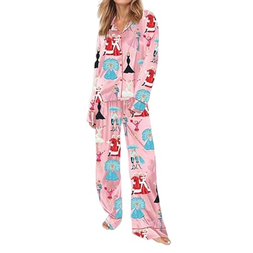 SHINROAD Pyjamahose mit weitem Bein für Damen, langärmelig, Weihnachtsdruck, Satin, Cardigan, Top, Nachtwäsche, lässig, Rosa, Größe L von SHINROAD