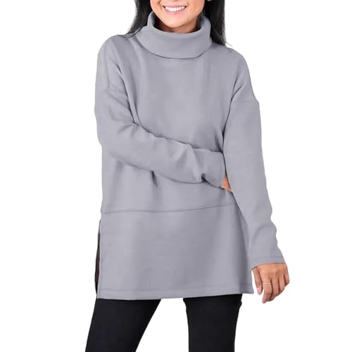 SHINROAD Schlitzsaum-Design, Damen-Sweatshirt, halbhoher Kragen, einfarbig, dick, Kleidung in Übergröße, langärmelig, Reiner Pullover, warm halten, tägliches Oberteil zum Pendeln Grau S von SHINROAD