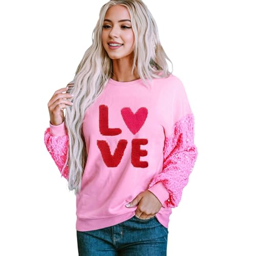 SHINROAD Sweatshirt mit Paillettenärmeln in Kontrastfarbe für Damen, Herzmuster, Rundhalsausschnitt, lange Ärmel, locker, mittellang, Rosa, Größe M von SHINROAD