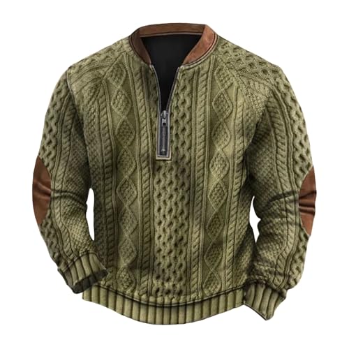 SHINROAD Tägliches Sweatshirt Herbst Winter Herren Sweatshirt Halber Reißverschluss Rautenstruktur Patchwork Rundhalspullover Lange Ärmel Tägliches Outdoor-Sportoberteil Grün M von SHINROAD