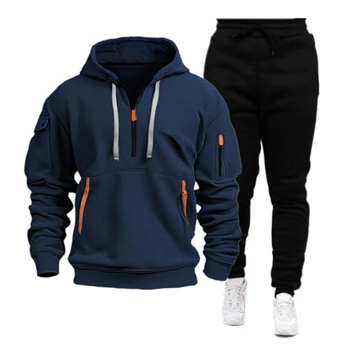 SHINROAD Trainingsanzug 2 Teile/Satz Männer Sport Anzug Mit Kapuze Kordelzug Langarm Taschen Sweatshirt Elastische Taille Hose Set Fitness Trainingsanzug Navy blau L von SHINROAD