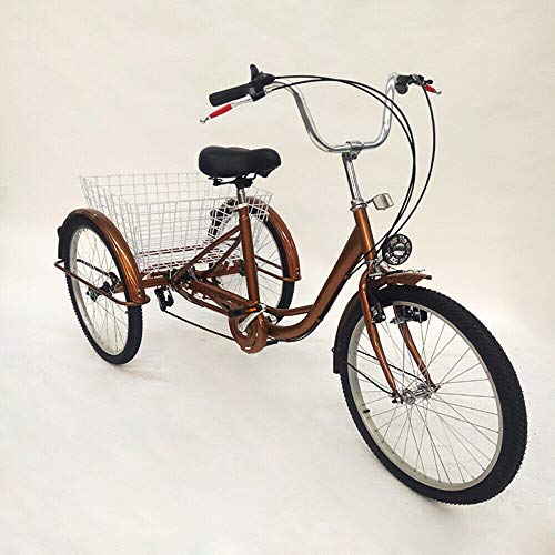 SHIOUCY Fahrrad mit Licht Dreirad Für Erwachsene 24 Zoll 6 Geschwindigkeit 3 Rad Fahrrad Dreirad mit Korb Landhausstil Erwachsenendreirad, DHL (Gold) von SHIOUCY