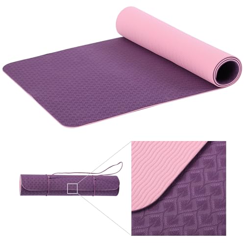 SHOP LC Rutschfeste Yogamatte, TPE Trainingsmatte für Fitness, Pilates & Gymnastik, leichte Reisematte für zu Hause oder draußen mit Trageriemen, Dicke 6 mm Rosa-Lila von SHOP LC