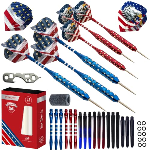 Dart-Set mit Stahlspitze, professionelle Dartpfeile mit Stahlspitze für Dartscheibe, inklusive Messing-Barrels, Kunststoff- und Aluminium-Schäfte, Gummi-O-Ringe, Flights, Dartschärfer und Dart-Set mit Stahlspitze, professionelle Dartpfeile mit Stahlspitze für Dartscheibe, inklusive Messing-Barrels, Kunststoff- und Aluminium-Schäfte, Gummi-O-Ringe, Flights, Dartschärfer und von SHOT TAKER CO. EST. 2017
