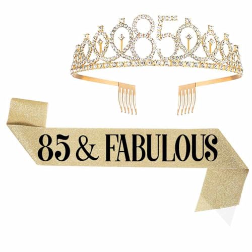 SHTGOI Geburtstags-Krone Schärpe Set zum 85. Kristall Geburtstagskrone und Geburtstag Schärpe 85 & Sweet Geburtstag Mädchen Deko Schärpe und Tiara Geburtstag Geschenke für Geburtstag Deko Gold von SHTGOI