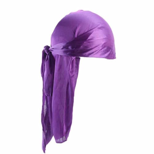 SHTGOI Seide Durag mit Long Tail Breite Träger Piratentuch Weich und Atmungsaktiv Silk Kopftuch 360 Grad Head Wrap Unisex Kopfbedeckung für Männer Frauen Reiten,Hip Hop,tägliche Deko Lila von SHTGOI