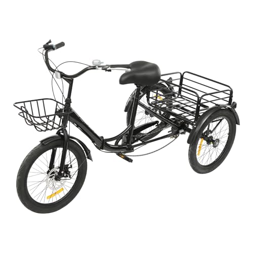 SHZICMY 20 Zoll Dreirad für Erwachsene,3-Rad-Cruiser-Faltbares Fahrrad 7-Gang Lastenfahrrad mit Korb Vorne/Hinten,Scheibenbremse, für Erwachsene mit Körpergröße von 1.55 bis 1.75M (Schwarz) von SHZICMY