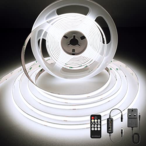 COB-LED-Streifen-Set, punktloser LED-Streifen mit Fernbedienung und Netzteil, DC 24 V, CRI > 90, 8 mm Breite, dimmbare durchgehende LED-Lichtstreifen für die Schlafzimmerdekoration, 5 m, Kaltweiß von SHZZHS