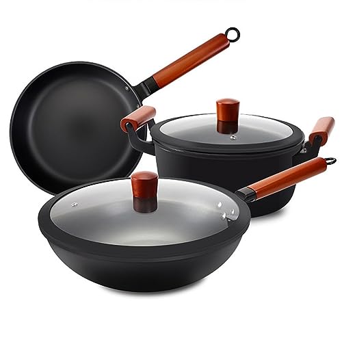 Kochgeschirr Nicht-Stick-Bratpfanne Pfanne Stockpot altmodischer Eisentopf dreiteiliges Set von SHZZHS