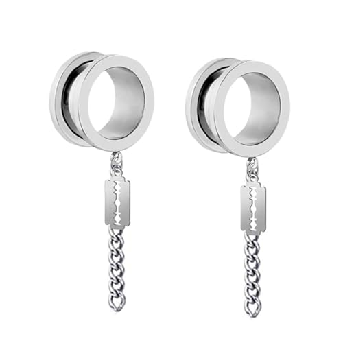 SHZZHS 2-teiliges Ohr-Gauge-Set, Edelstahl-Gauges für Männer, rund, mit Kette und geometrischen Anhänger-Piercing-Tunneln von SHZZHS