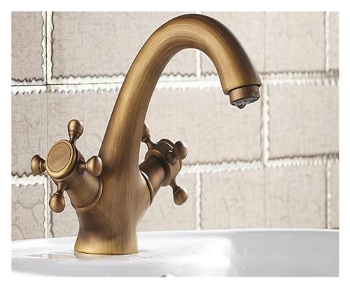 SHZZHS Antiker Wasserhahn für heißes und kaltes Wasser, Messing, Bronze, gebürstet, Waschbeckenarmaturen, Badezimmer, Schwanenhahn, V-förmiger Waschbecken-Doppelgriffmischer, Wasserhähne für von SHZZHS