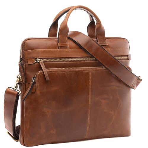 SID & VAIN Laptoptasche schmal Carson aus Premium Leder I Business-Tasche groß für Herren und Damen 14 Zoll Laptop Laptop-Fach I Umhängetasche Aktentasche braun handgefertigt von SID & VAIN