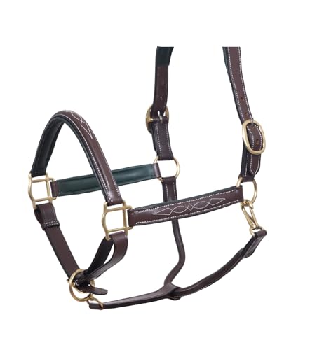 SIE EQUESTRIAN Pferde-Halfter aus Leder mit Messingbeschlägen, Rosa und Schwarz (Braun mit grüner Polsterung, Cob) von SIE EQUESTRIAN