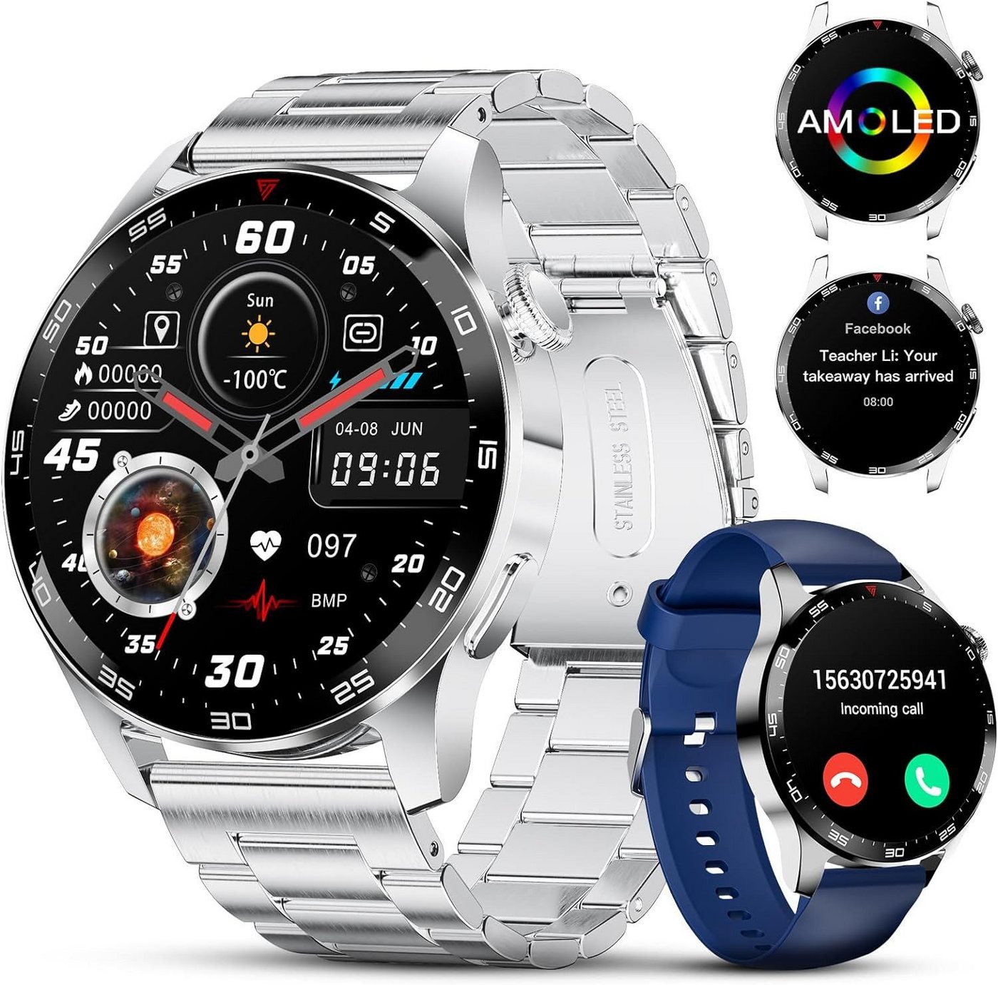 SIEMORL Herren's Bluetooth-Anruf HD AMOLED IP68 Wasserdichte Smartwatch (1,43 Zoll, Android/iOS), mit 100+ Sportmodi Pulsmesser und Schlafmonitor, Message Reminder von SIEMORL