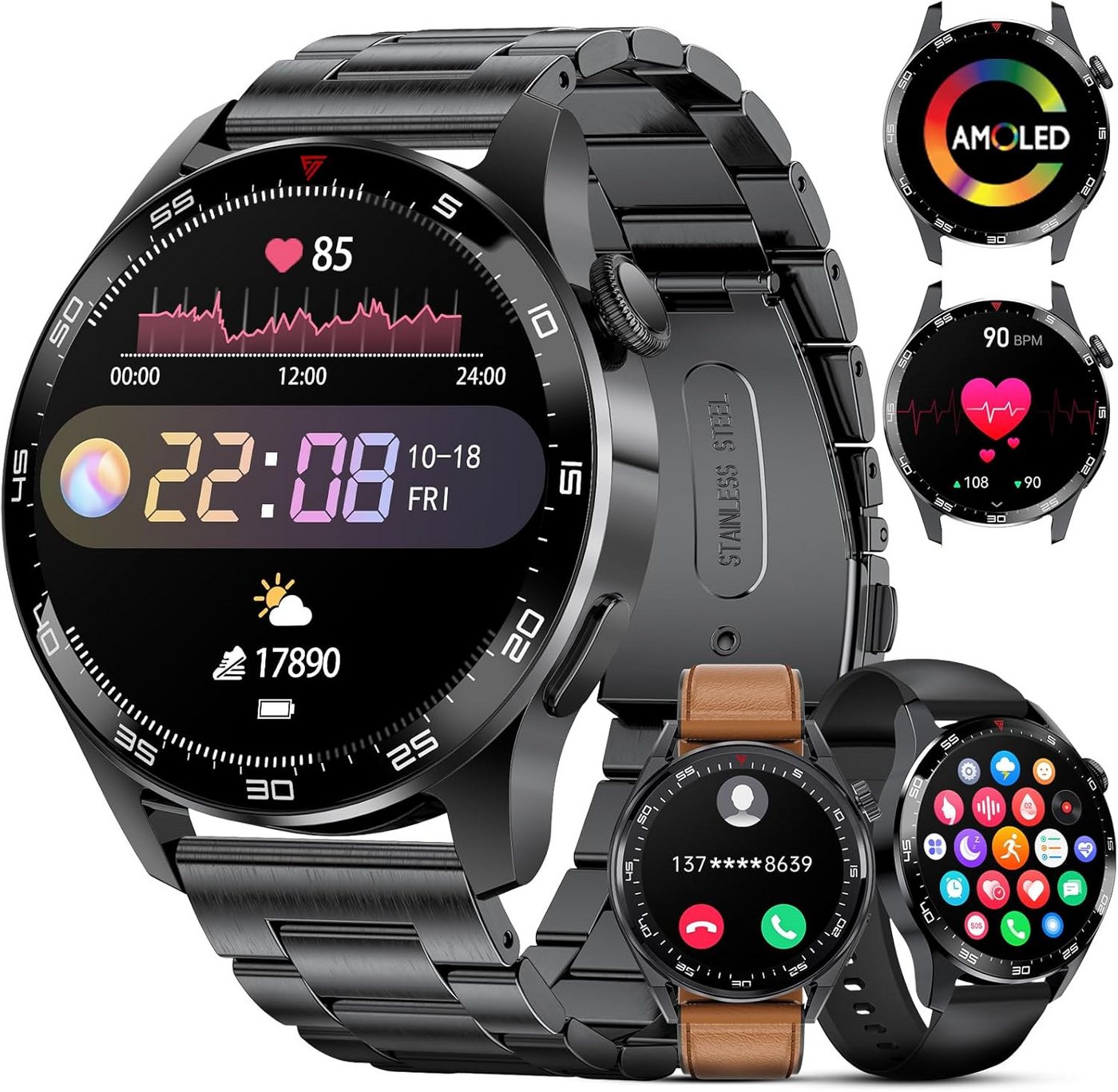 SIEMORL Herren's Fitness Tracker IP68 wasserdichte Smartwatch (3,63 cm/1,4 Zoll, Schwarz), mit austauschbarem weichem Silikon und Lederarmband, mit Pulsmesser Schlafmonitor 100+ Sportmodi Bluetooth-Anruf von SIEMORL