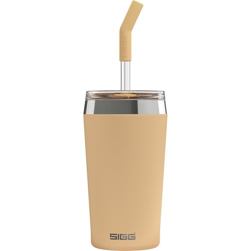 SIGG Helia Muted Peach Kaffeebecher to go (0.45 L), doppelwandig isolierter Thermobecher mit Glas-Strohhalm, auslaufsicherer Tumbler aus Edelstahl für heiße & kalte Getränke von SIGG