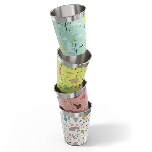 SIGG Kinderbecher Set (4 x 0.35 L), Trinkbecher für Kinder in 4 bunten Designs für Jungen und Mädchen, praktische Edelstahlbecher für zu Hause und unterwegs von SIGG