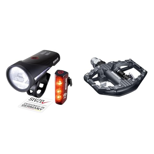 SIGMA SPORT - Aura 100 / Blaze LINK Set | Fahrradbeleuchtung vorne und hinten & Shimano Unisex – Erwachsene EPDEH500 Fahrradpedale, Schwarz, Einheitsgröße von SIGMA SPORT