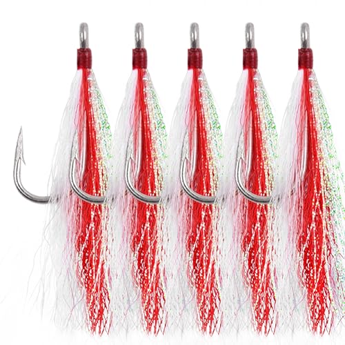 Bucktail Teaser Angelhaken, 5 Stück Salzwasser Flunder Rig Edelstahl Angeln Jighaken Bucktail Mylar Flash Teaser eingesetzt für Striper Wels, Dorsch, Flunder Hi/Lo-Rig von SILANON