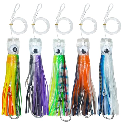 Trolling Lures Salzwasser, 15,2 cm, Offshore Big Game Trolling Köder Skirted Tiefsee-Angelköder Set für Mahi Thunfisch Marlin Wahoo Rigged mit Vorfach Tintenfisch Röcke Haken Trolling Lures Salzwasser, 15,2 cm, Offshore Big Game Trolling Köder Skirted Tiefsee-Angelköder Set für Mahi Thunfisch Marlin Wahoo Rigged mit Vorfach Tintenfisch Röcke Haken von SILANON