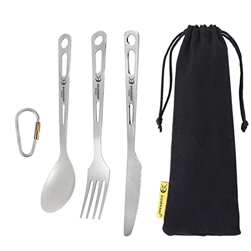 SILVERANT Titan 3-teiliges Besteck-Set, extra stark, ultraleicht, langlebiges Messer, Gabel und Löffel, Geschirr für Outdoor, Camping, Wandern, mit Tasche mit Kordelzug und Titan-Karabiner von SILVERANT