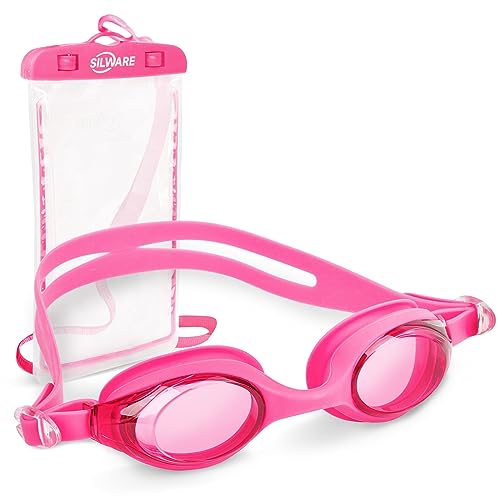 SILWARE Klassische Schwimmbrille, bunte Silikon-Schwimmbrille, Anti-Beschlag und UV-Schutz, für Erwachsene und Jugendliche, mit wasserdichter Tasche (Rosa) von SILWARE