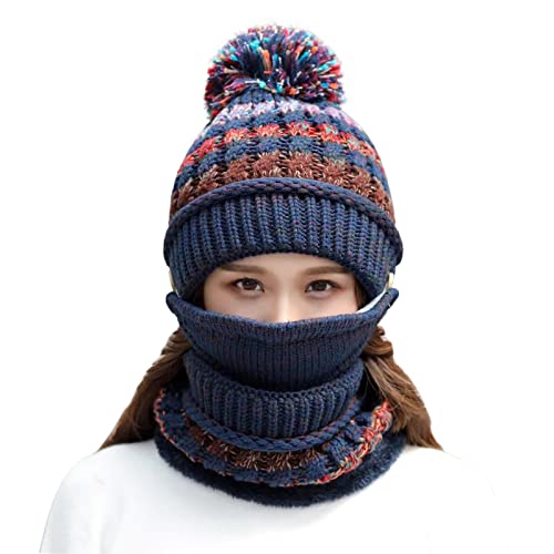 Strickmütze Schal Maske Set Wintermütze Damen Mädchen Nackenwärmer Fleecefutter Gestrickt Mütze mit Bommel Sturmhaube Dick Gesichtsmaske Winddicht Schlauchschal Abnehmbar Skimütze Halswärmer Outdoor von SIQITECH