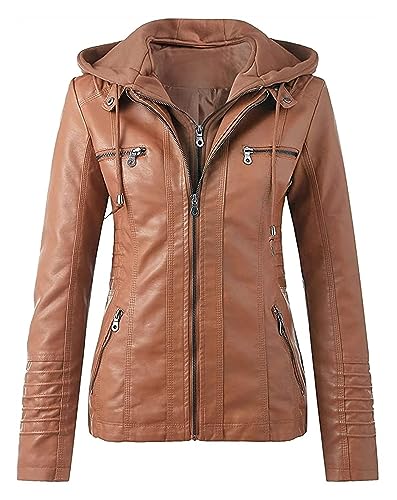 Damen-Bikerjacke Aus Kunstleder, Kurz, PU, ​​Moto-Biker-Outwear, Vintage-Passform, Jacke Mit Kapuze, Frühlings- Und Herbstmantel, Mantel For Damen, Lässig, Einfarbig Lederjacke Kunstlederjacke(Orange, von SIYAN