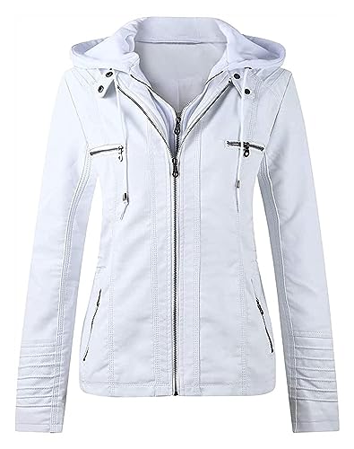 Damen-Jacke Aus Kunstleder, Lässig, Schmale Passform, Stehkragen, Mehrere Taschen, Abnehmbarer Motorrad-Biker-Hoodie-Bombermantel, Winter-PU-Moto-Bikerjacke Lederjacke Kunstlederjacke(Blanc,4XL) von SIYAN